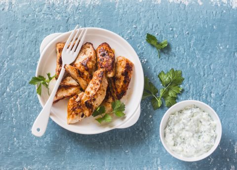 Yogurt,Marinated,Grilled,Chicken,Breast,On,A,Blue,Background,,Top