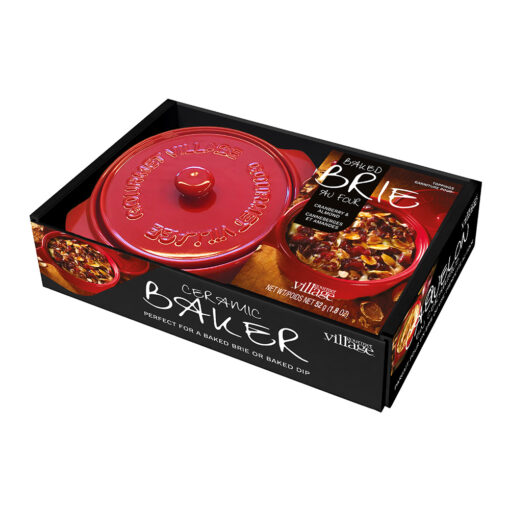 Ensemble caquelon en céramique rouge  avec garniture pour brie canneberges et amandes